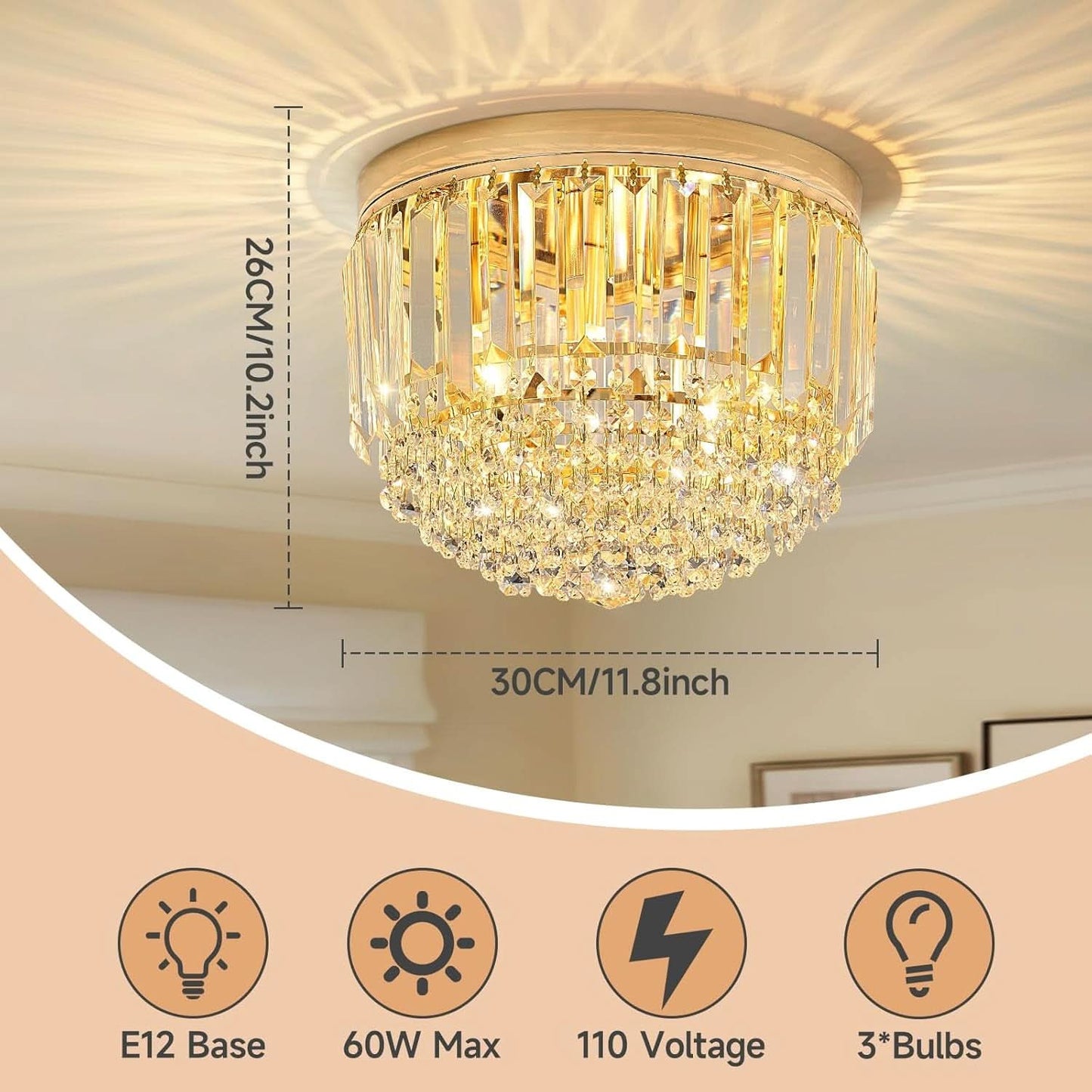 Gold chandelier with dimensions and specifications on a beige background