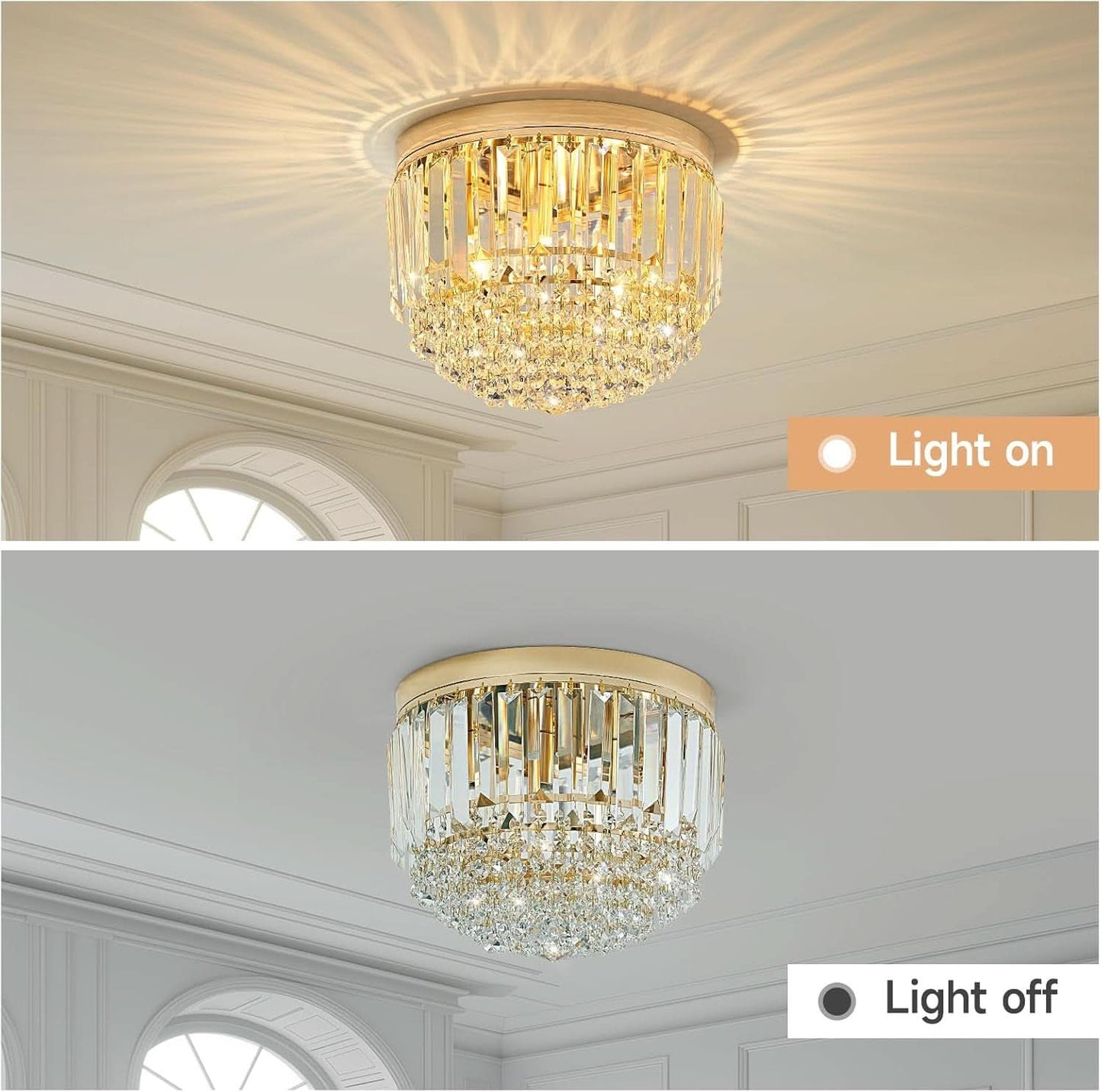 Chandelier with light on and off labels in a room setting