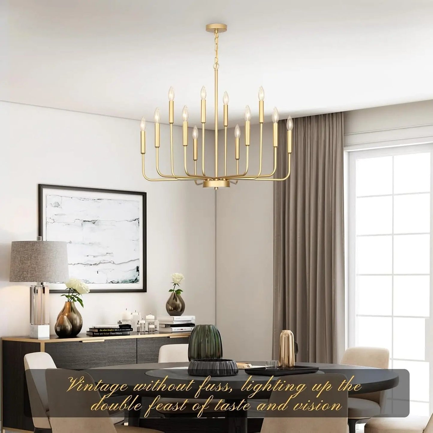 Dining room with a gold chandelier, table, chairs, and decor.