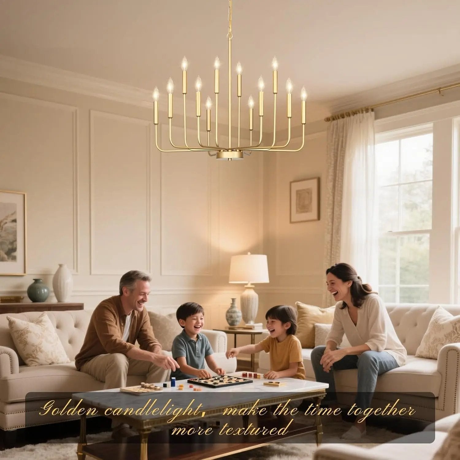 Family playing chess in a cozy living room with a chandelier and soft lighting.