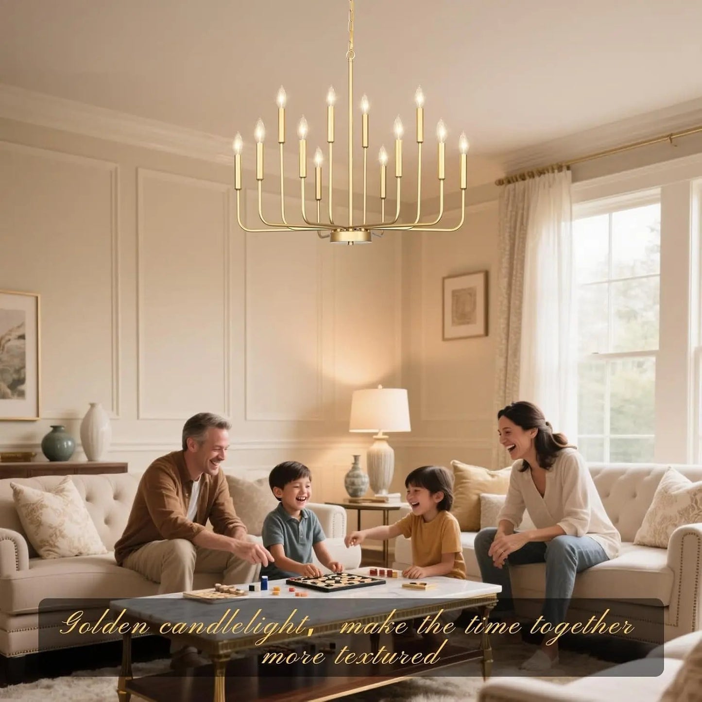 Family playing chess in a cozy living room with a chandelier and soft lighting.