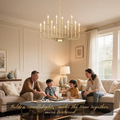 Family playing chess in a cozy living room with a chandelier and soft lighting.
