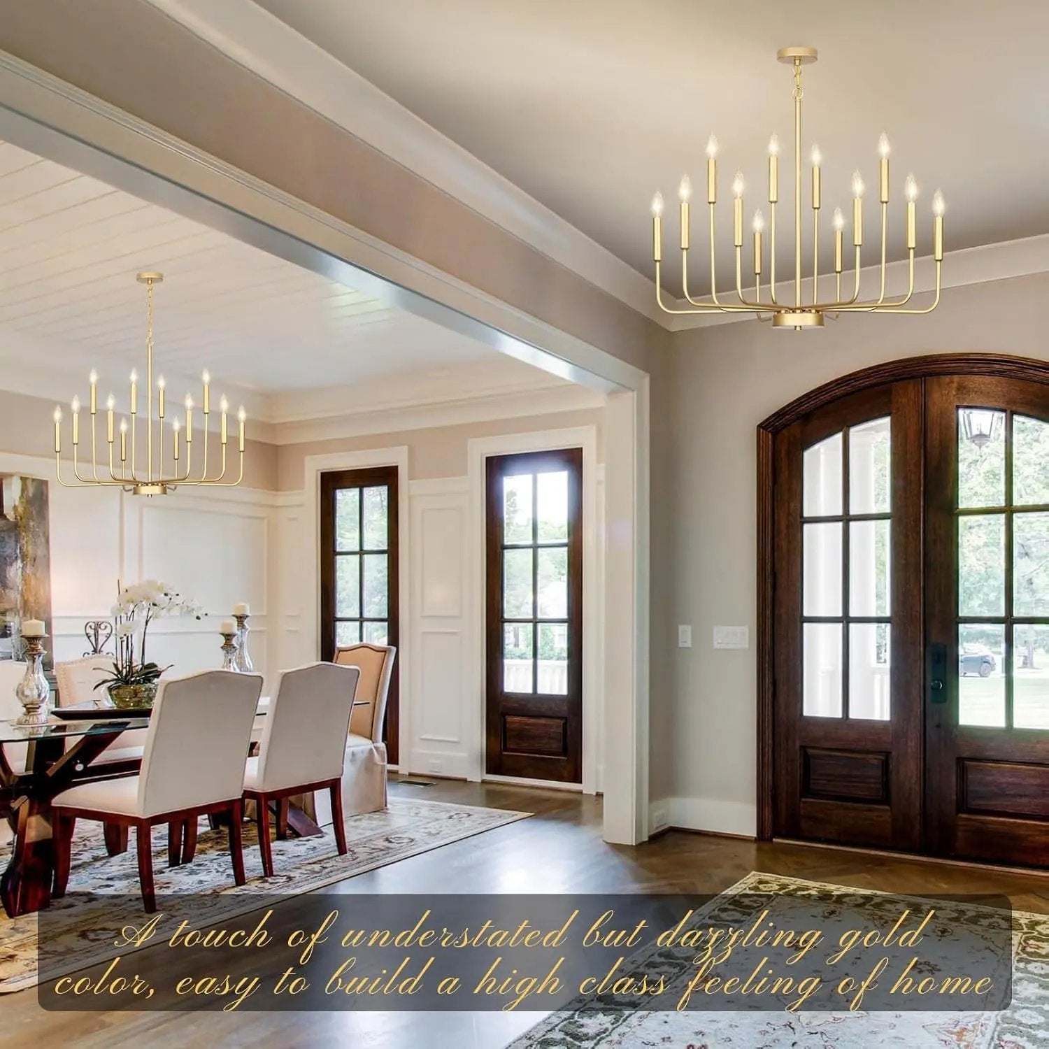 Elegant interior design with gold chandeliers and wooden doors.