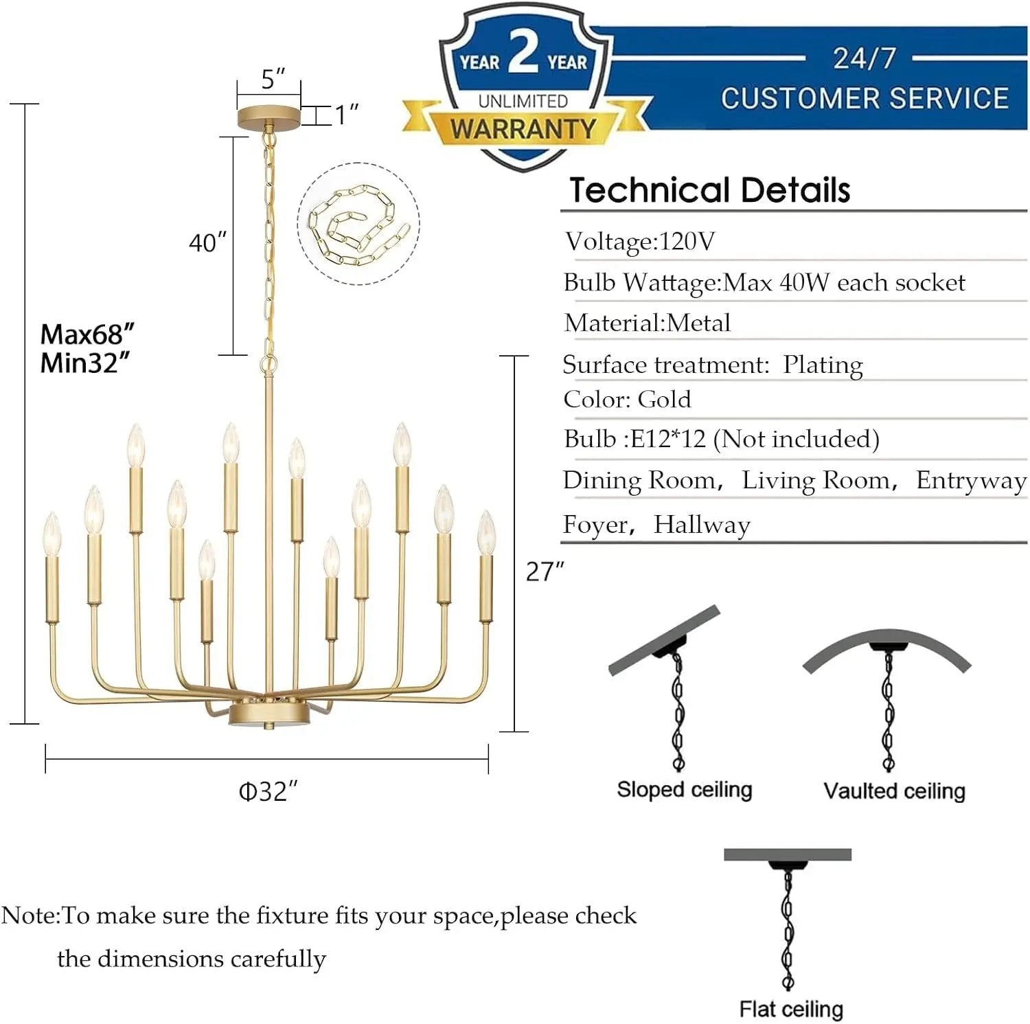 Gold chandelier with technical details and warranty information on a white background
