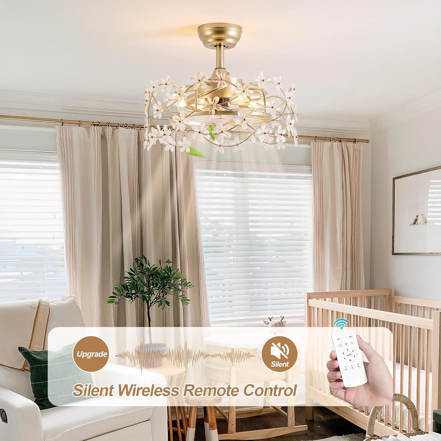 Modern ceiling fan with light fixture in a living room setting, featuring a remote control.