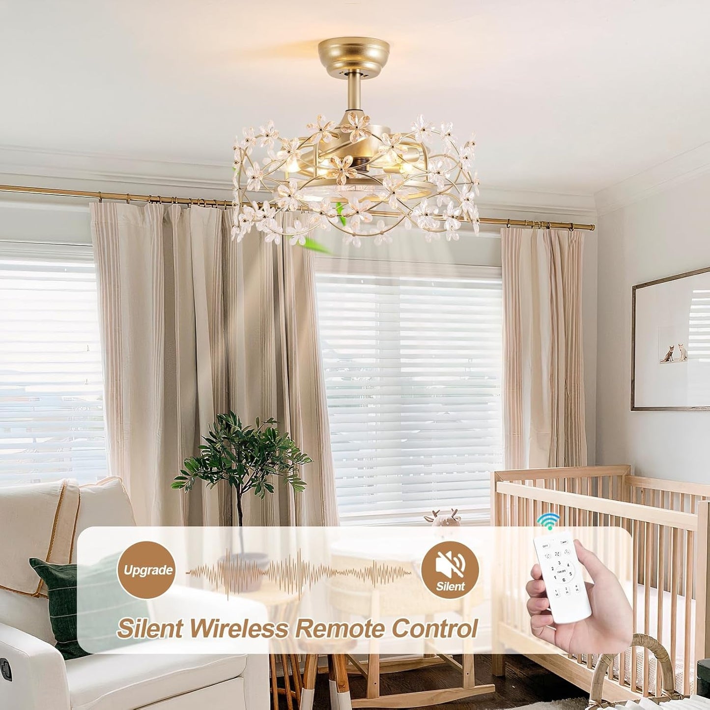 Modern ceiling fan with light fixture in a living room setting, featuring a remote control.