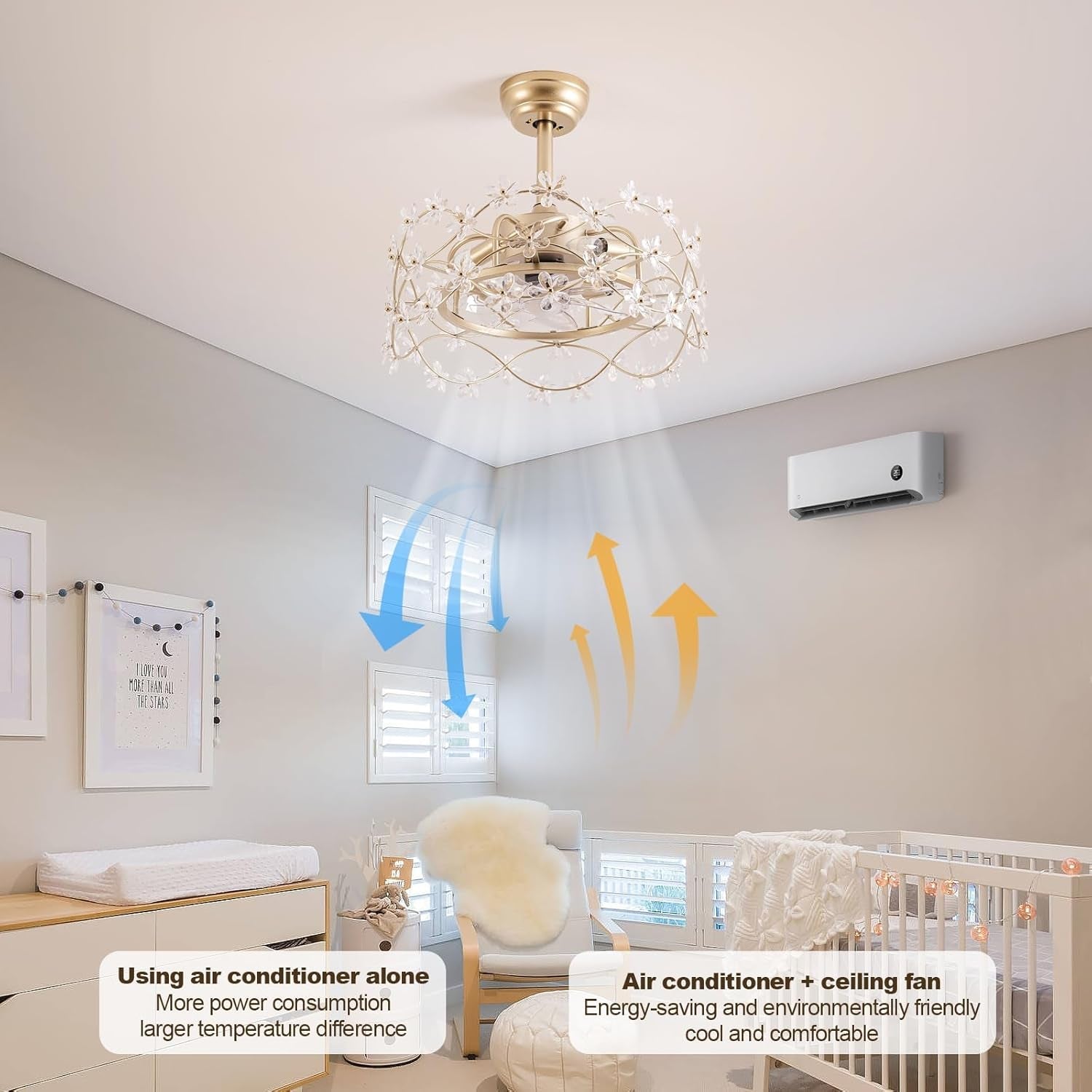 Ceiling fan with light fixture in a room with air conditioner and crib.