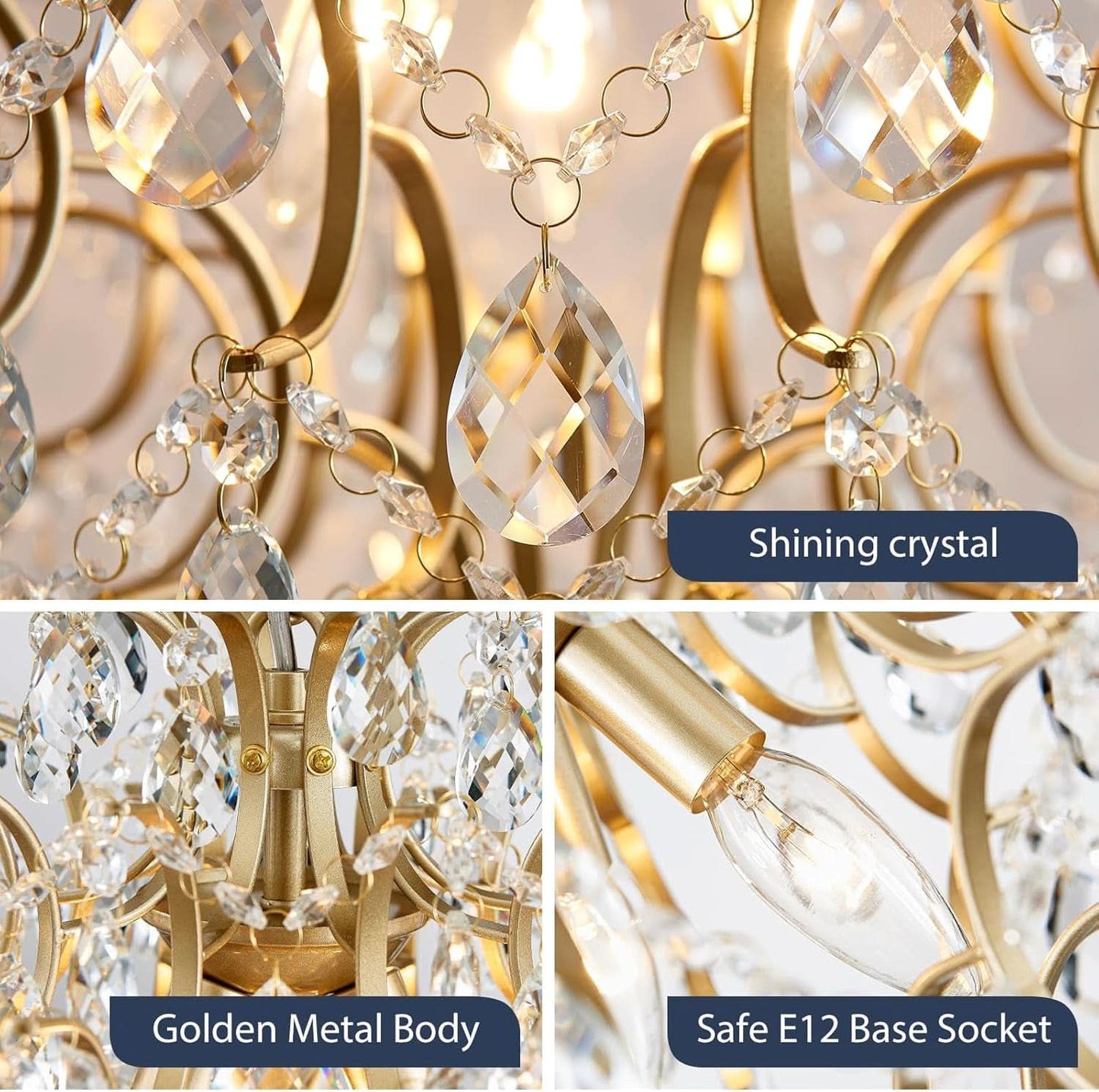 Close-up of a chandelier with crystal and metal details, labeled 'Shining crystal', 'Golden Metal Body', and 'Safe E12 Base Socket'.