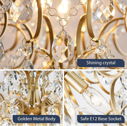 Close-up of a chandelier with crystal and metal details, labeled 'Shining crystal', 'Golden Metal Body', and 'Safe E12 Base Socket'.