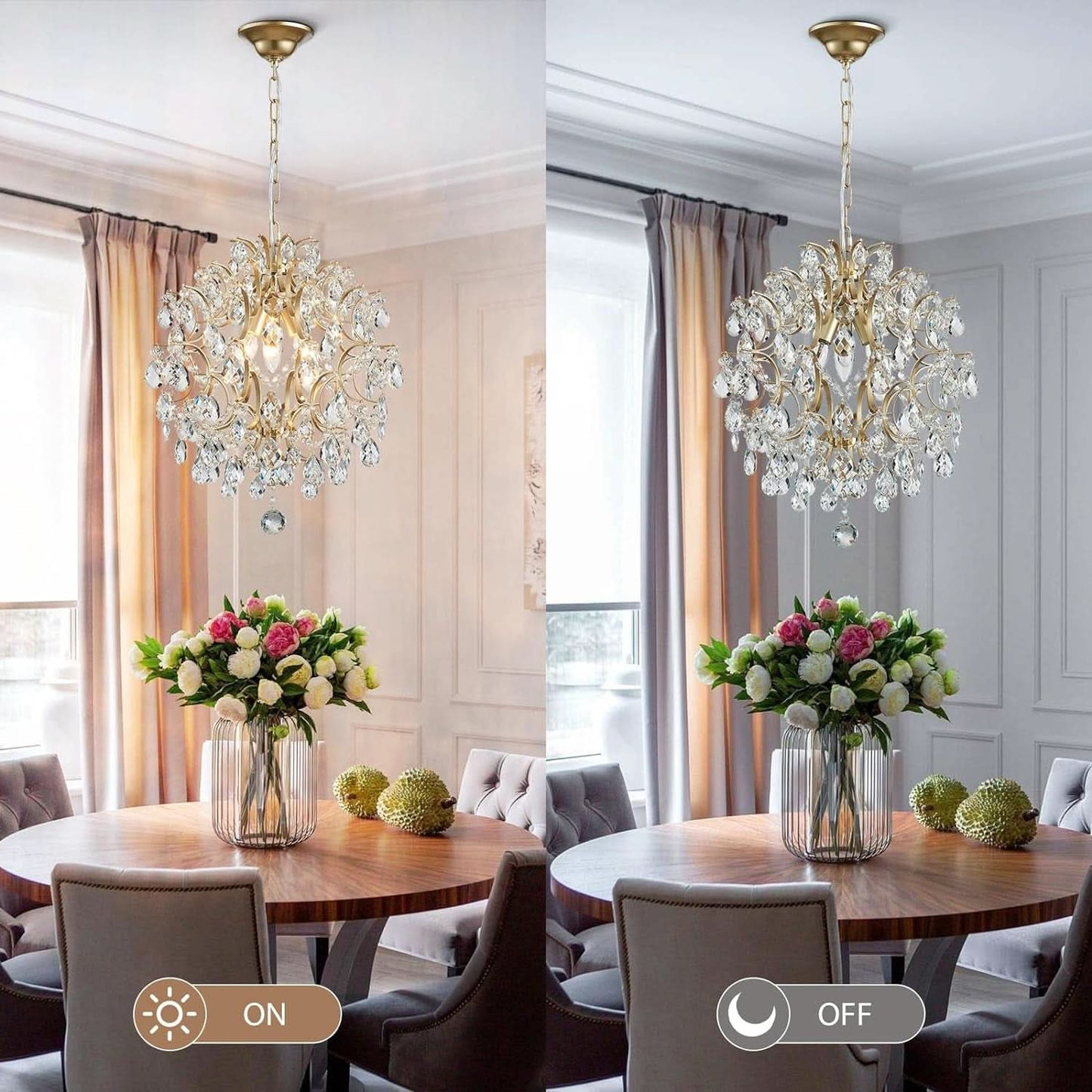 Chandelier in a dining room with 'On' and 'Off' light switch indicators.