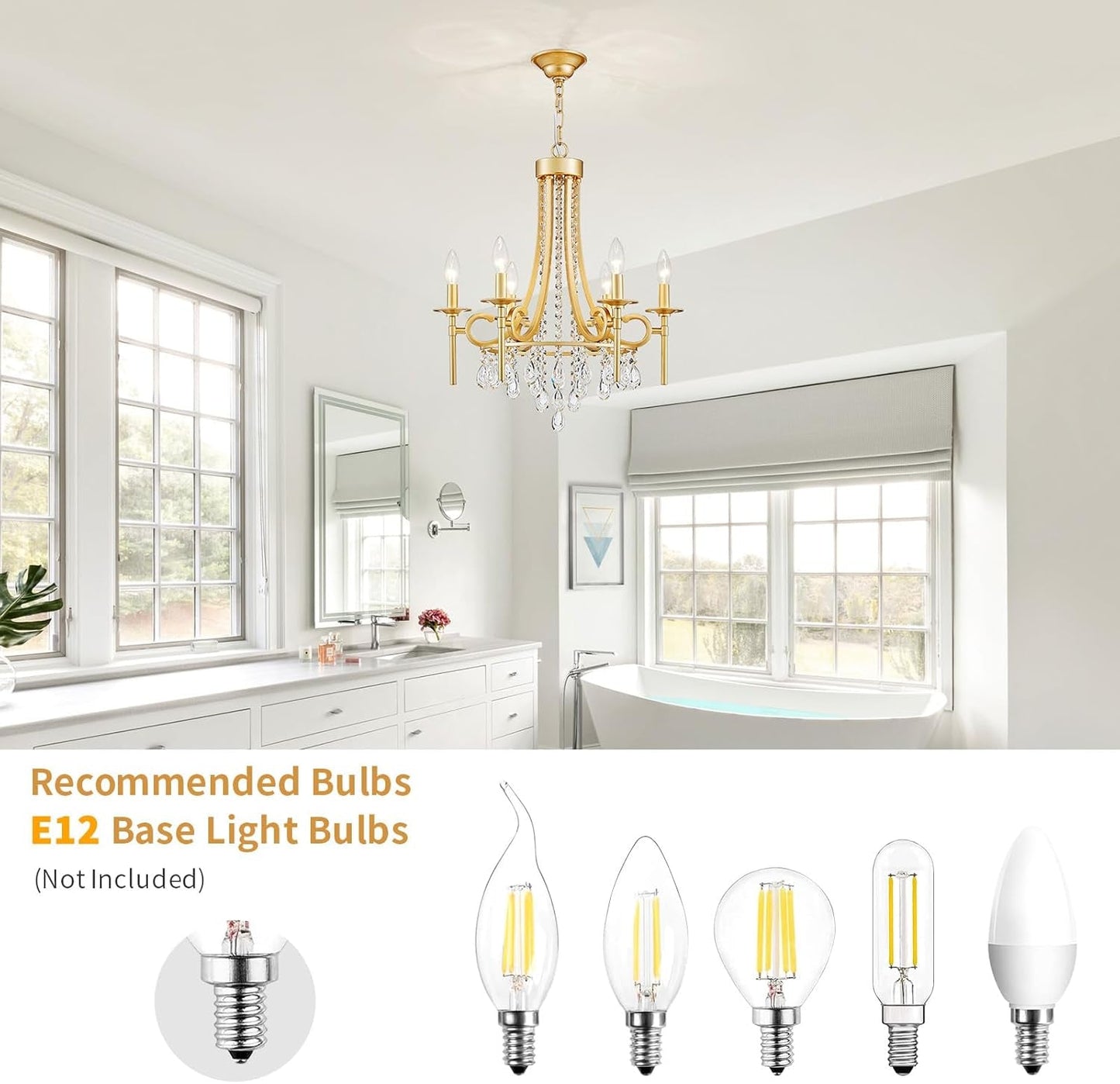 Bathroom interior with a chandelier and recommended light bulbs displayed below.