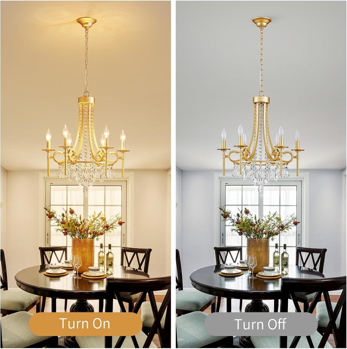 Chandelier in a dining room with 'Turn On' and 'Turn Off' labels.