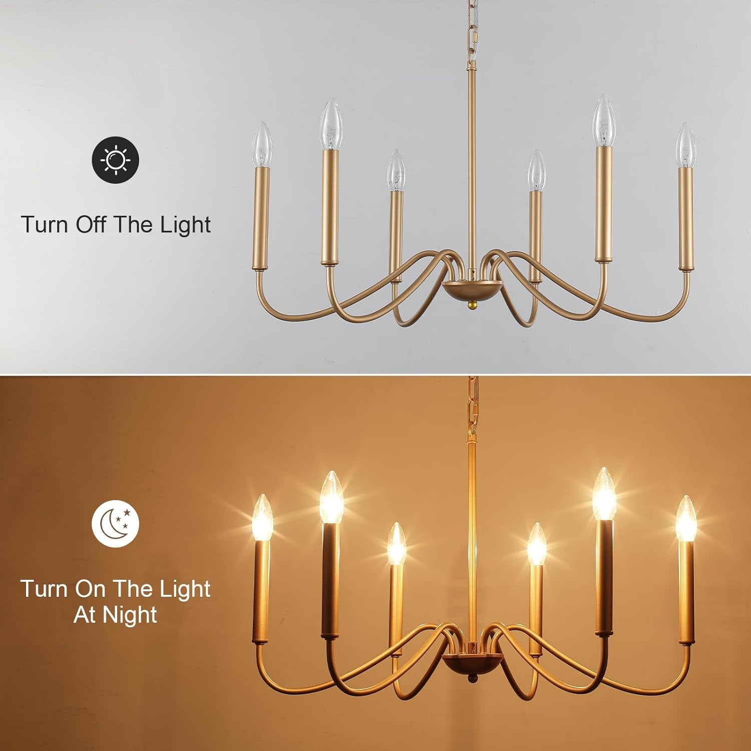 Gold chandelier shown in two lighting conditions: off and on.