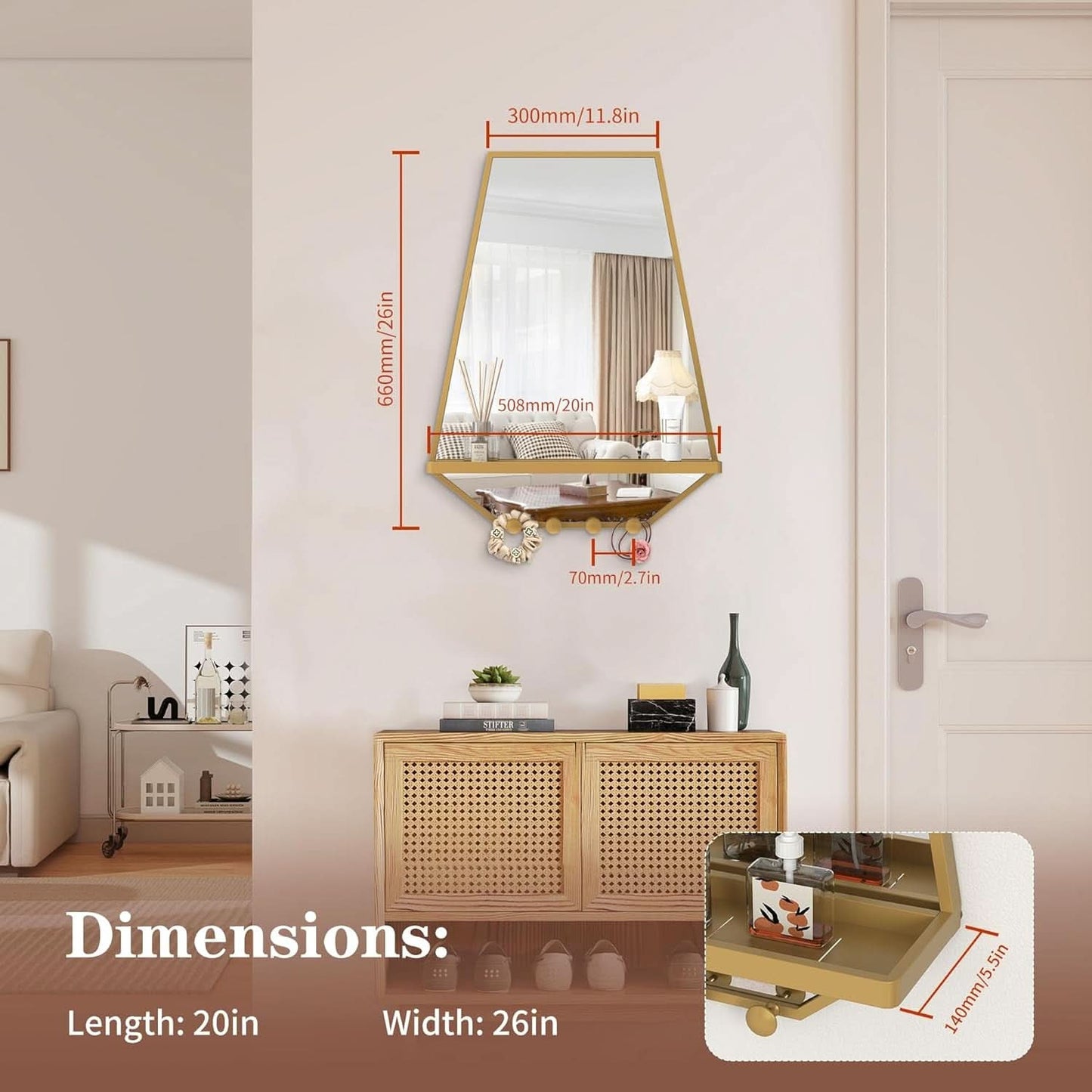 Wall-mounted mirror with dimensions displayed in a room setting