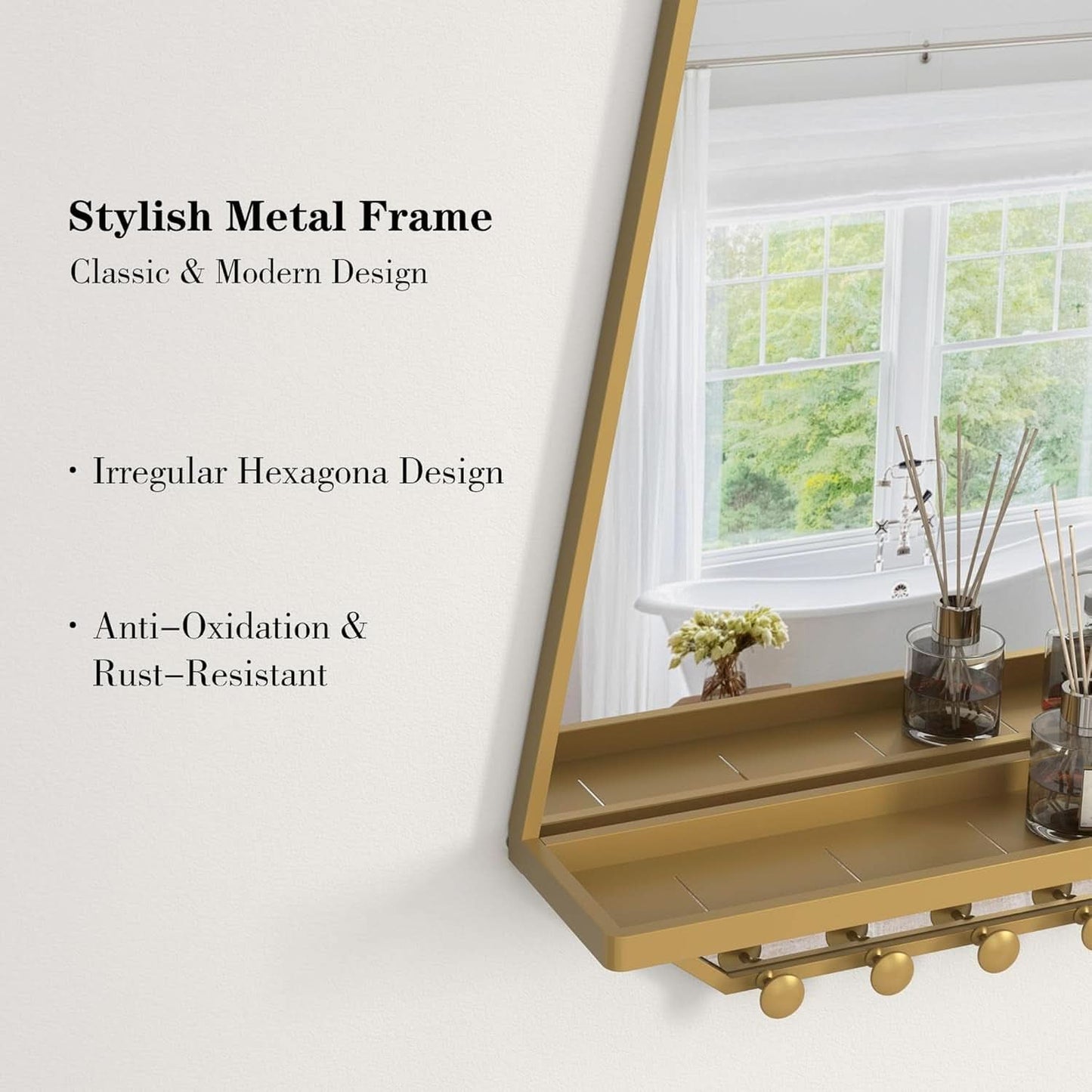 Gold metal frame with decorative items on a white wall