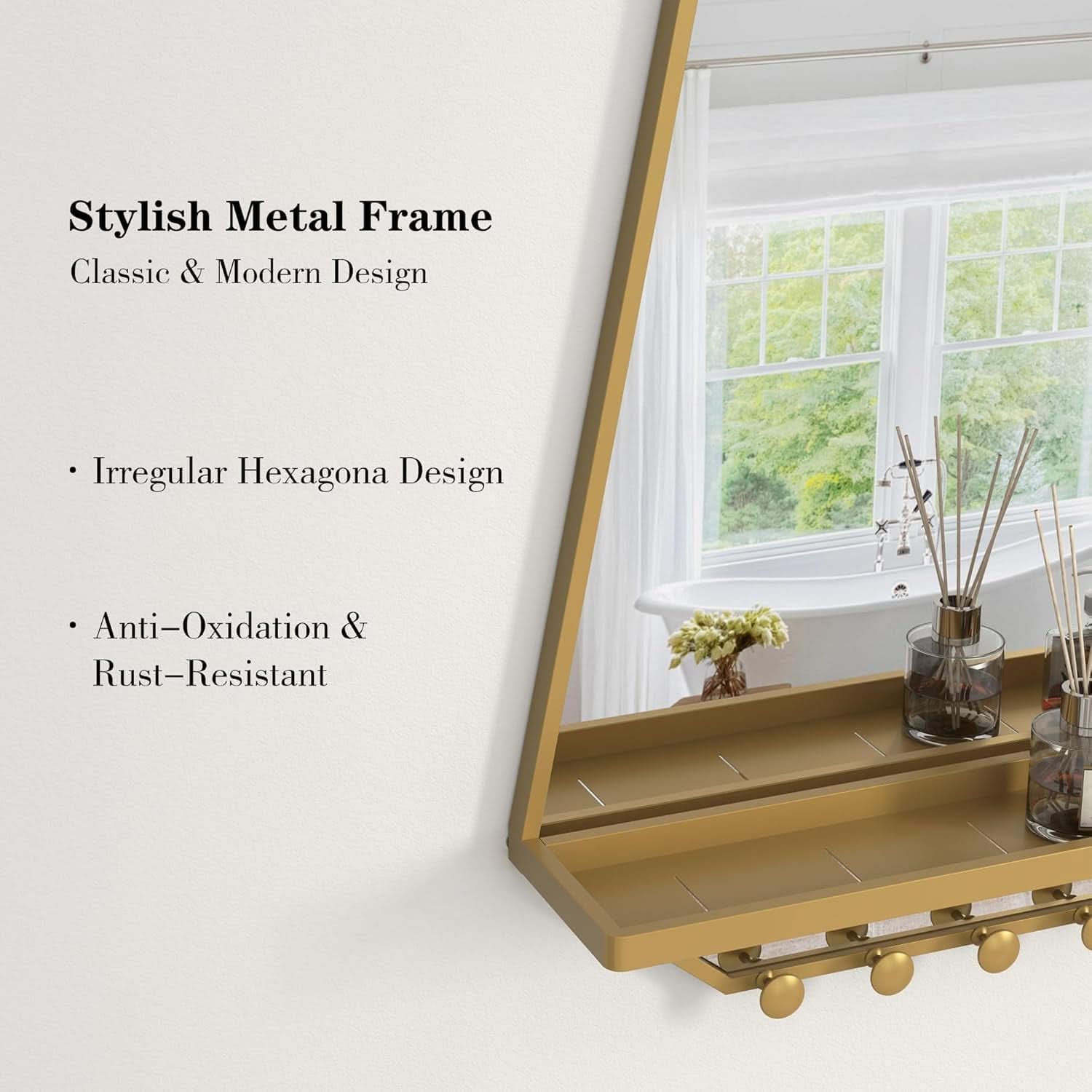 Gold metal frame with decorative items on a white wall