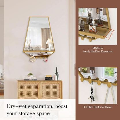 Gold wall shelf with mirror and hooks on a white wall, with text about storage solutions.