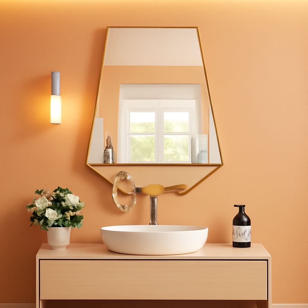 Bathroom vanity with sink, mirror, and decorative elements against an orange wall.