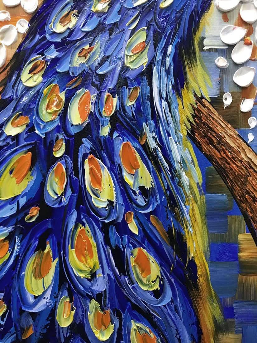 Close-up of a peacock with vibrant blue and yellow feathers.