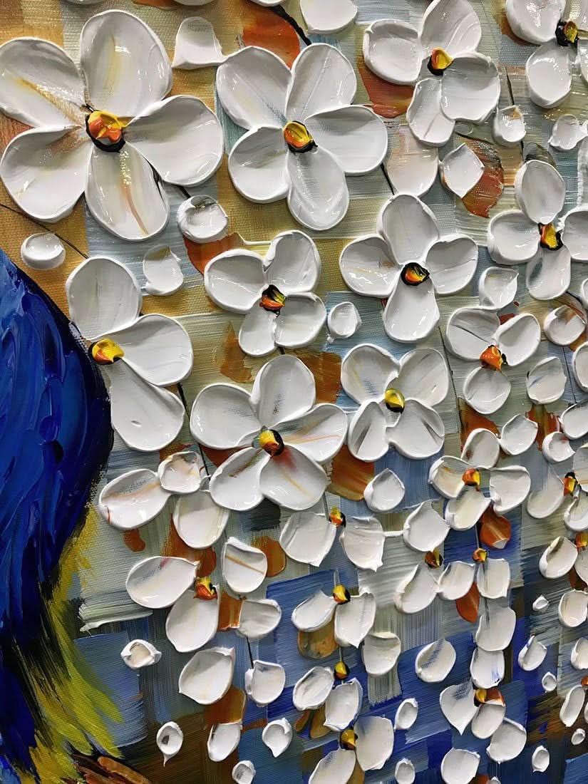 Abstract painting of white flowers with a colorful background