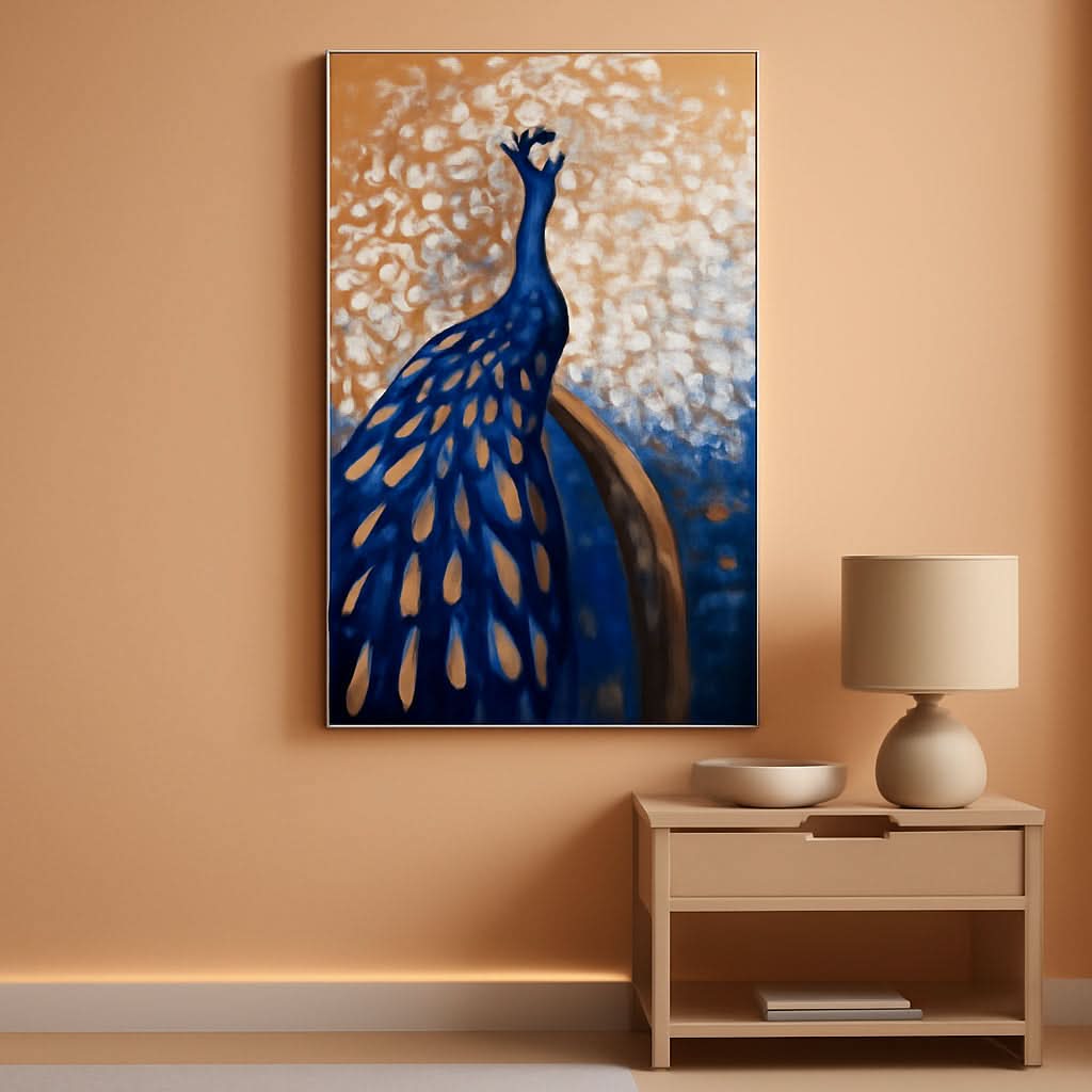 Painting of a blue peacock on an orange wall above a wooden side table with a lamp and bowl.