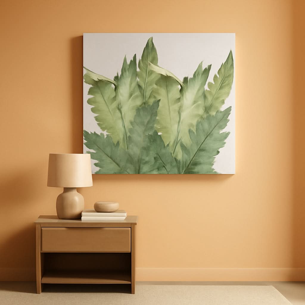 Framed leaf print on an orange wall above a wooden side table with a lamp and books.