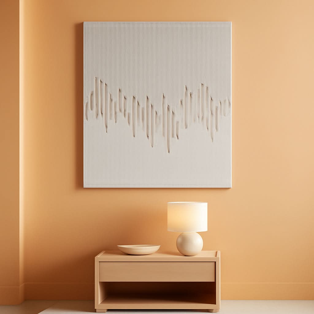 Abstract wall art piece on an orange wall with a wooden side table and lamp.