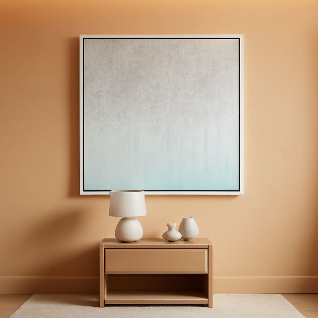 Nursery room with a framed abstract painting on the wall, a wooden nightstand with a lamp and vases, and a beige carpet.