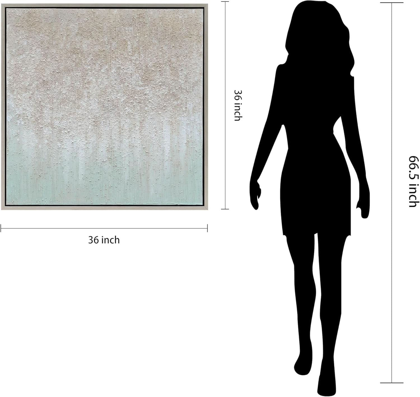 Silhouette of a person next to a framed abstract painting with dimensions indicated.