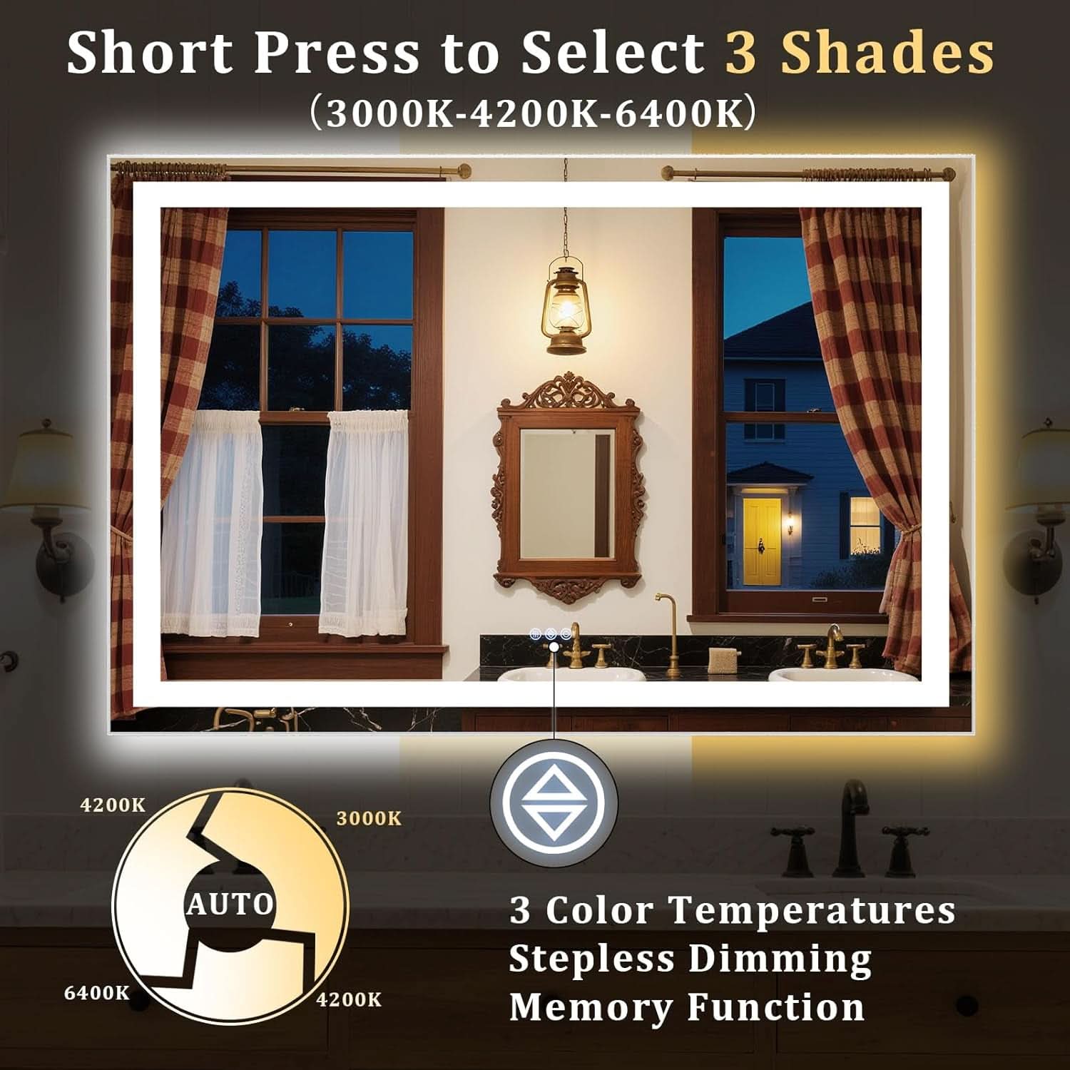 Bathroom scene with mirror and window, showcasing color temperature options.