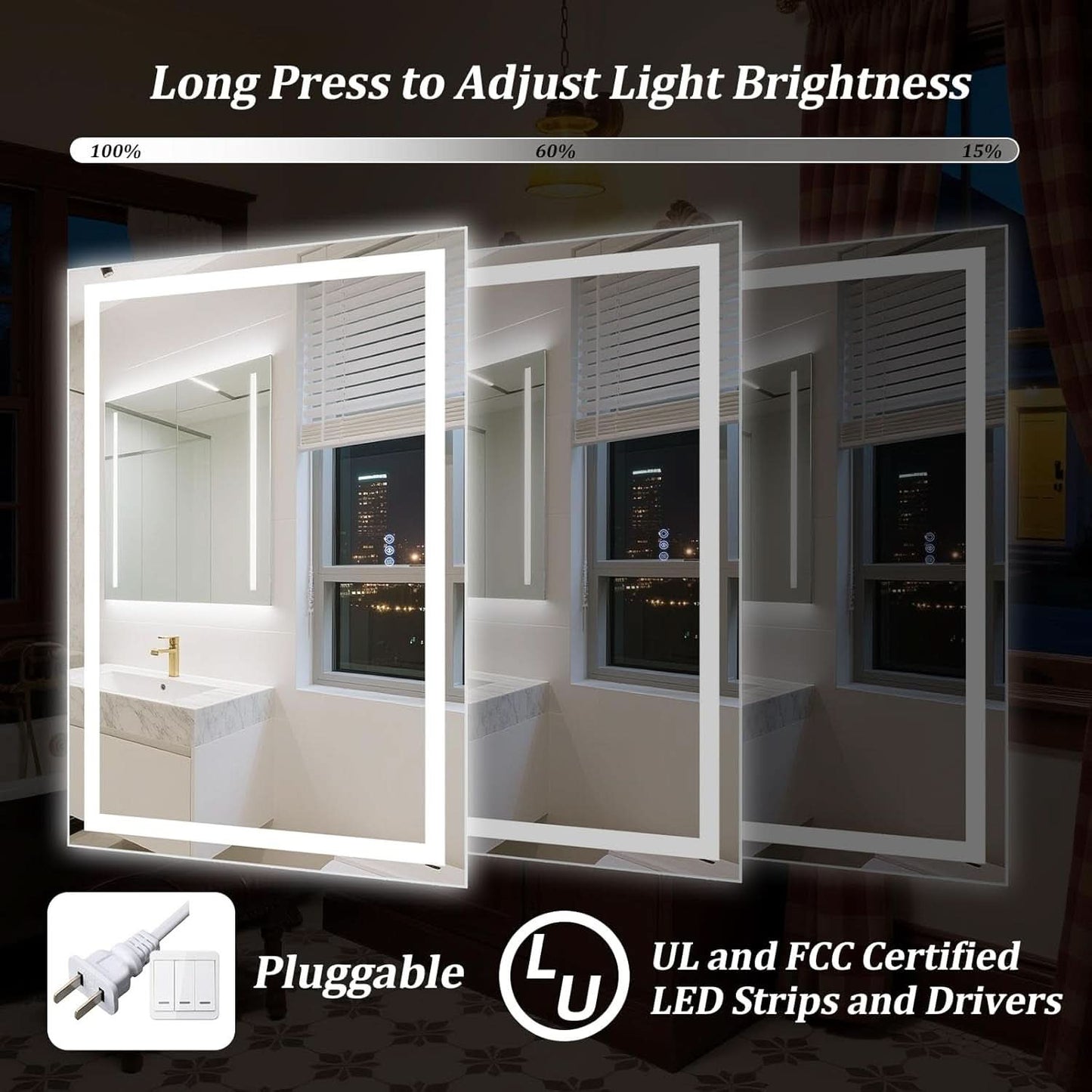 Bathroom mirror with LED lights and control panel, showing night and day views.