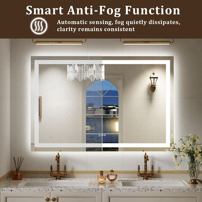 Bathroom vanity with a large mirror featuring smart anti-fog function, with text and logo above.