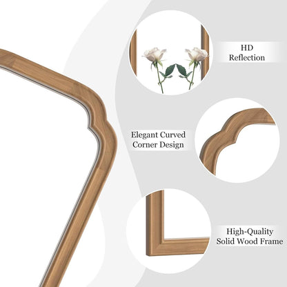 Wooden picture frame with curved corner design on a white background