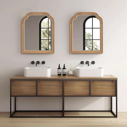 Bathroom vanity with double sink, mirrors, and decor on a neutral background