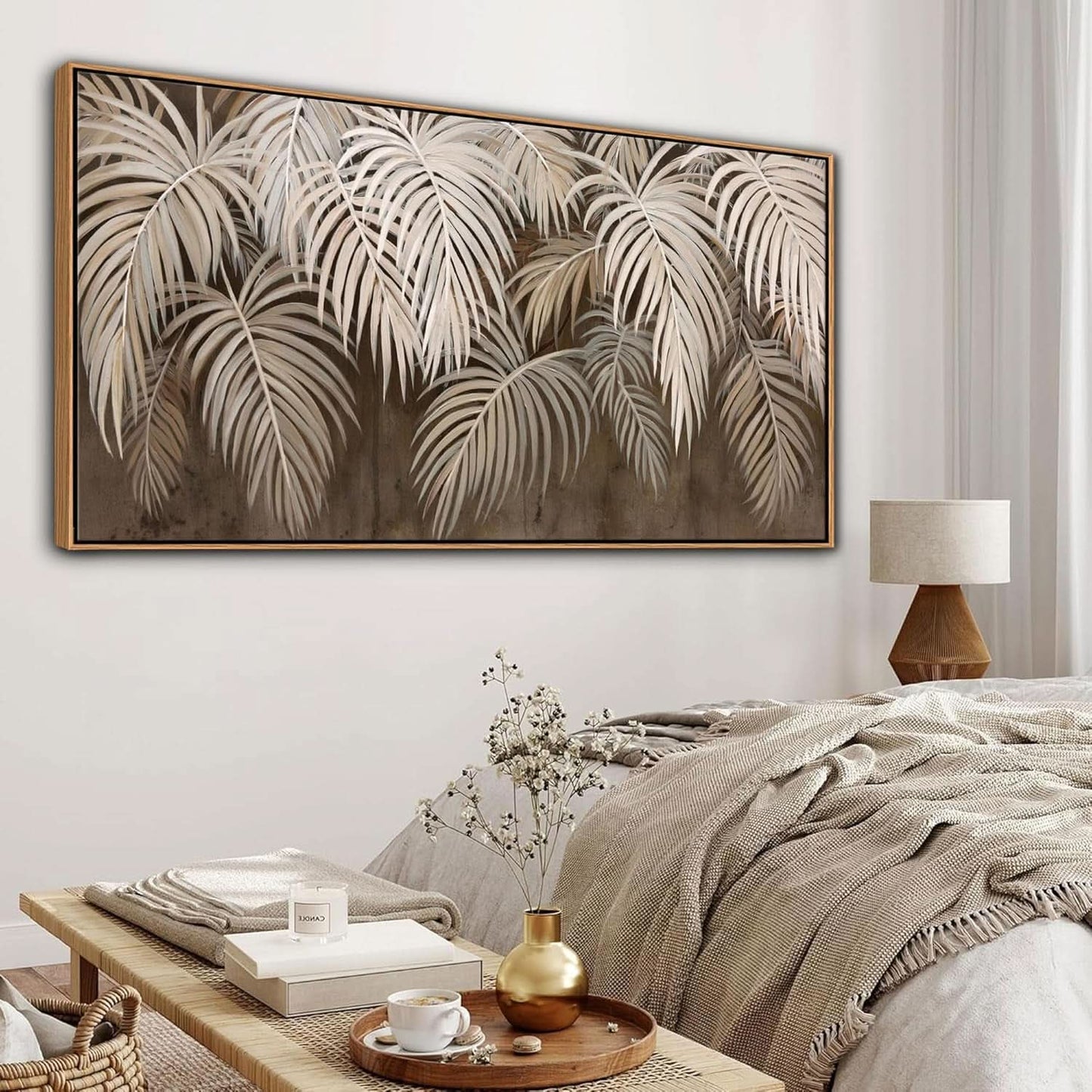 Decorative wall art of palm leaves in a bedroom setting with a bed and lamp.