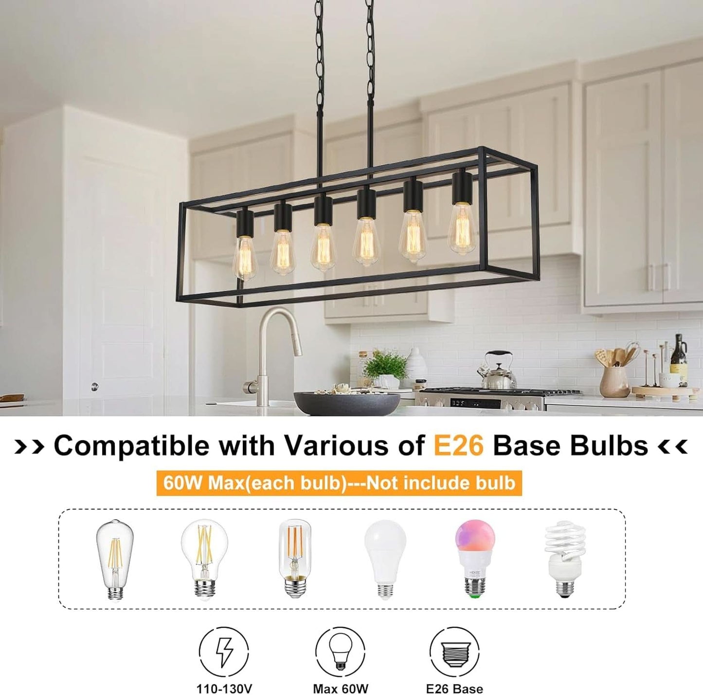 Modern kitchen with a black rectangular pendant light fixture and compatibility information for E26 base bulbs.