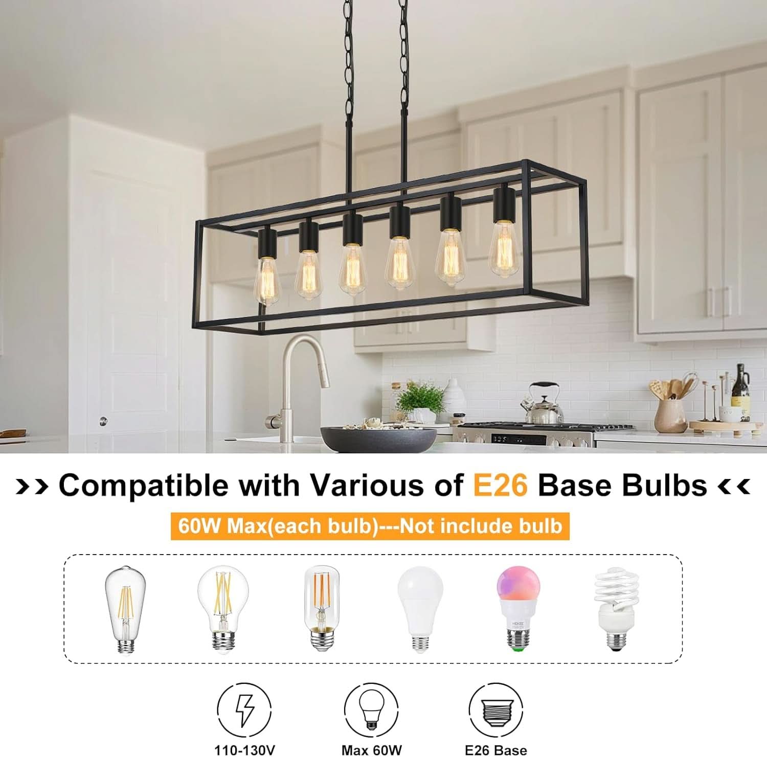 Modern kitchen with a black rectangular pendant light fixture and compatibility information for E26 base bulbs.