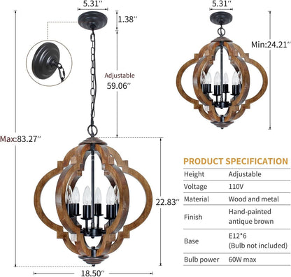 Wooden pendant light with dimensions and specifications on a white background