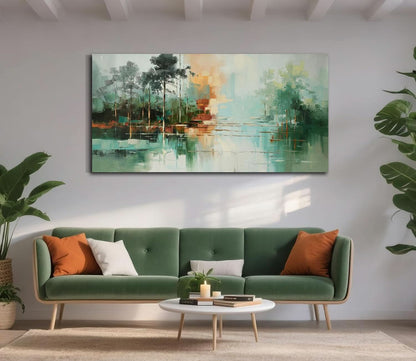 Modern living room with a green sofa, abstract painting, and decorative items.