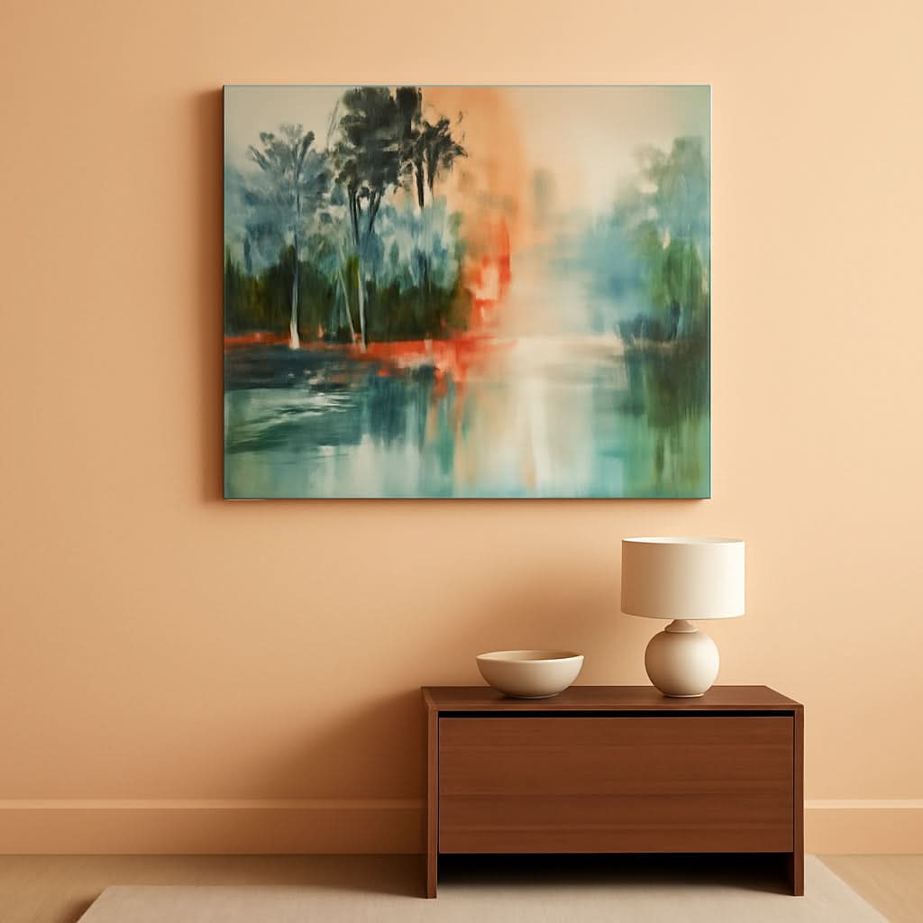 Abstract painting of a landscape on a peach wall above a wooden side table with a lamp and bowl.