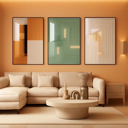 Modern living room with beige sectional sofa, abstract art on the wall, and a coffee table.
