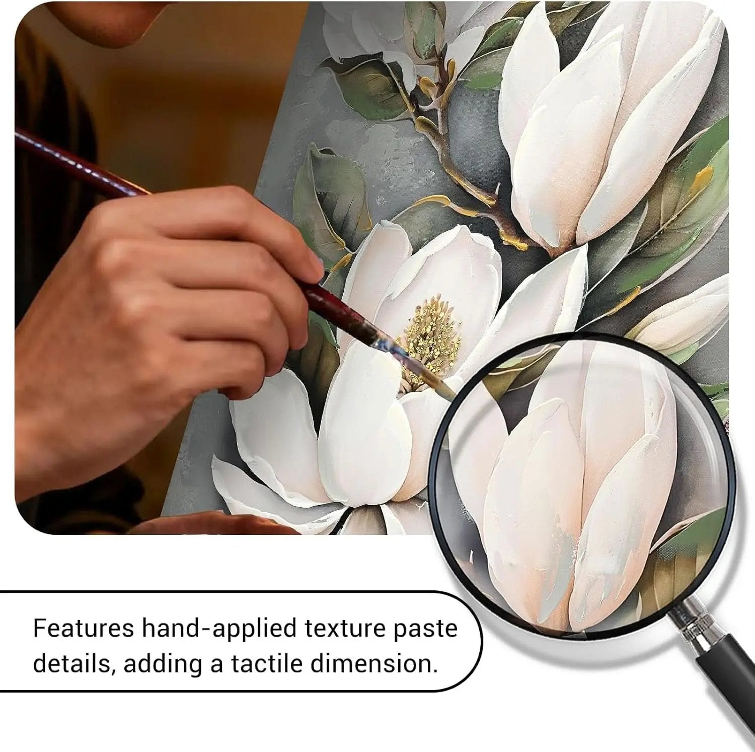Person painting flowers with a brush, magnifying glass showing texture details.