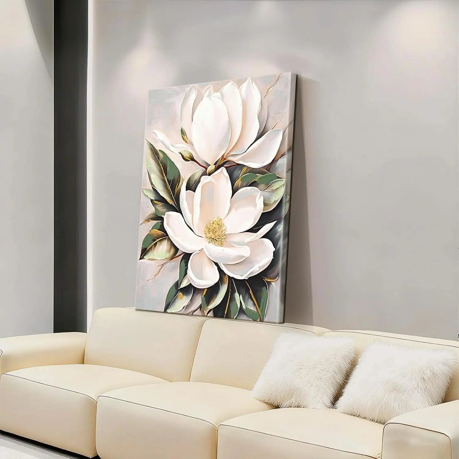 Floral painting on a wall above a beige sofa