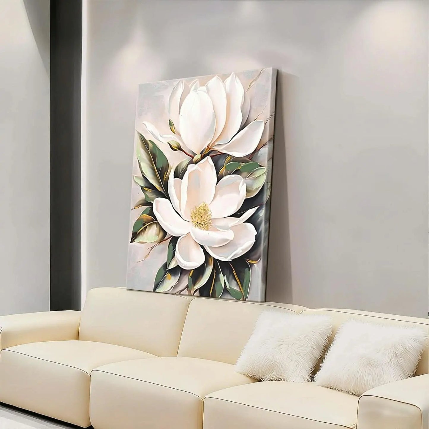 Floral painting on a wall above a beige sofa