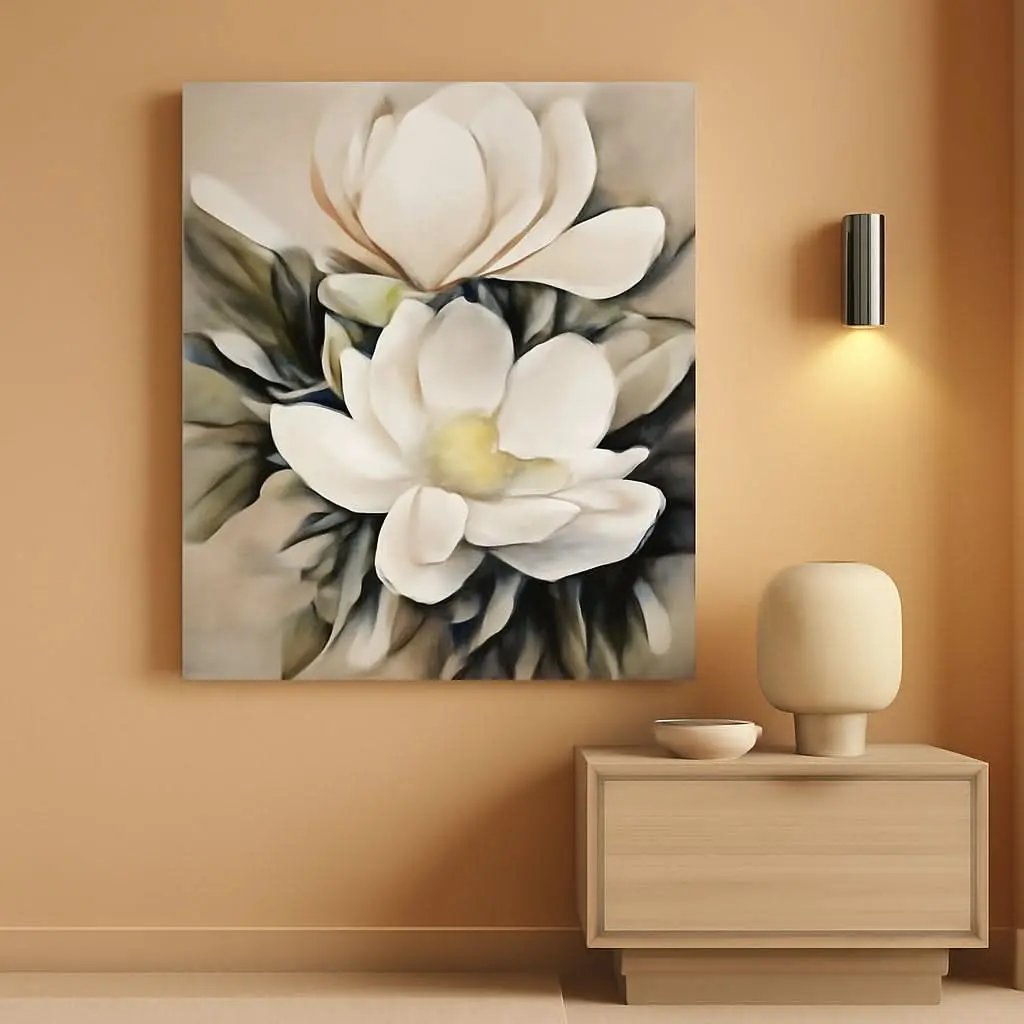 Floral painting on a wall above a wooden side table with decorative items.