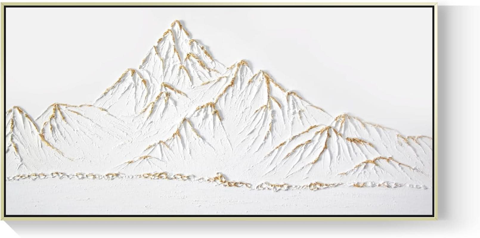 Decorative wall art with gold mountain outlines on a white background