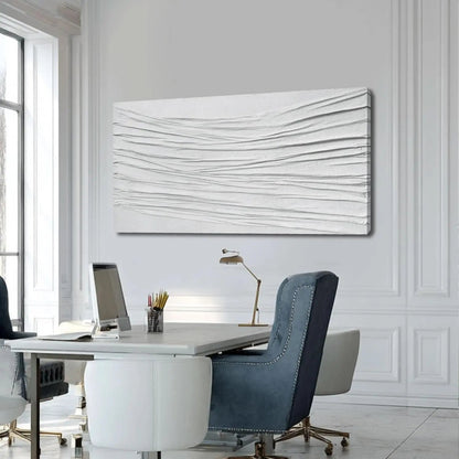 Modern office setup with a desk, chairs, and abstract wall art.