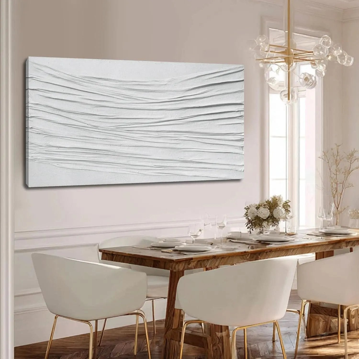 Dining room with a wooden table and white chairs, featuring a large abstract painting on the wall.