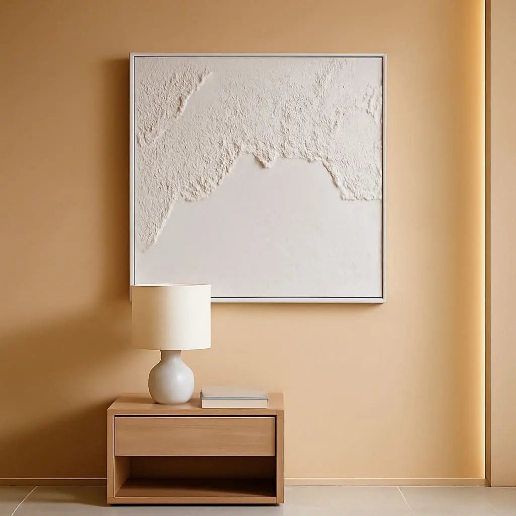 Abstract painting on a beige wall above a wooden side table with a lamp and book.