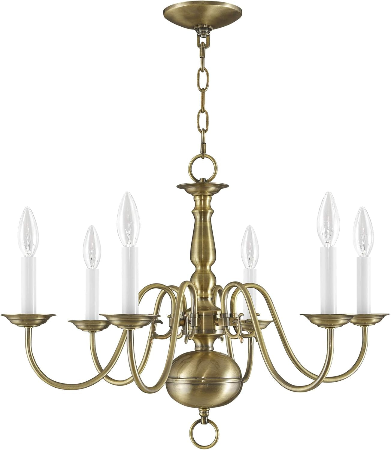 Brass chandelier with six candle-style lights on a white background